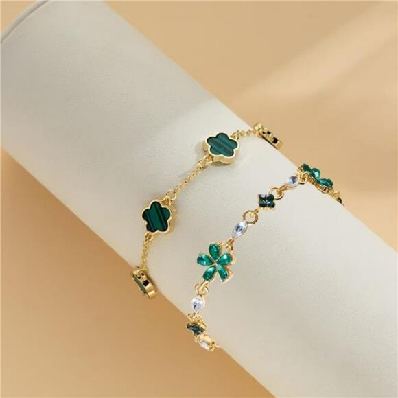 Gold clover bracelet set lucky charm stackable rhinestone adjustable jewelry gif - Picture 3 of 8